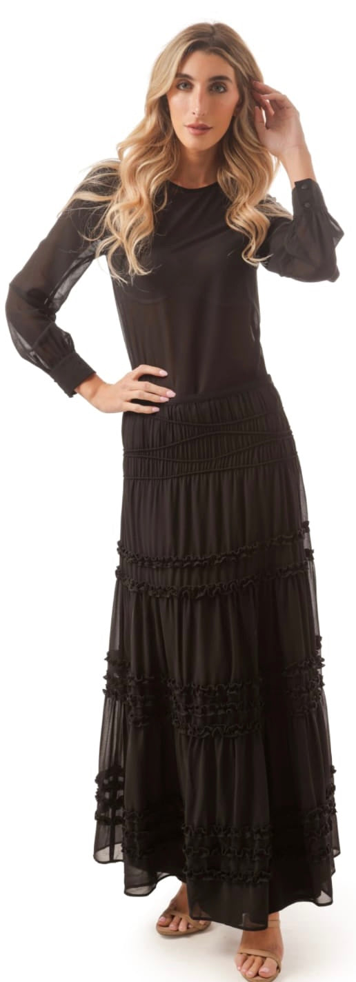 PAPER PARACHUTE A-LINE SKIRT W RUFFLED TRIM BLACK