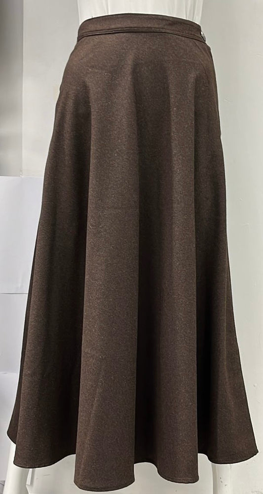 MAXMRKT FLAIRY WOOL SKIRT W SIDE BUTTON & ZIPPER-MIDI BROWN