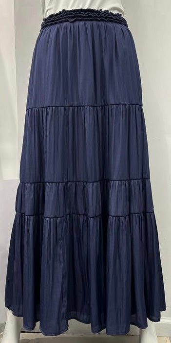 MAUVE SATIN TIERED SKIRT-MIDI NAVY