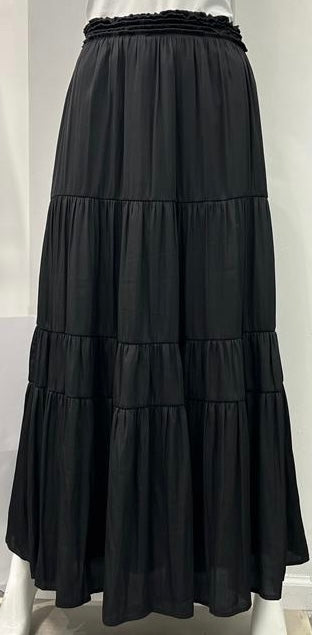 MAUVE SATIN TIERED SKIRT-MIDI BLACK