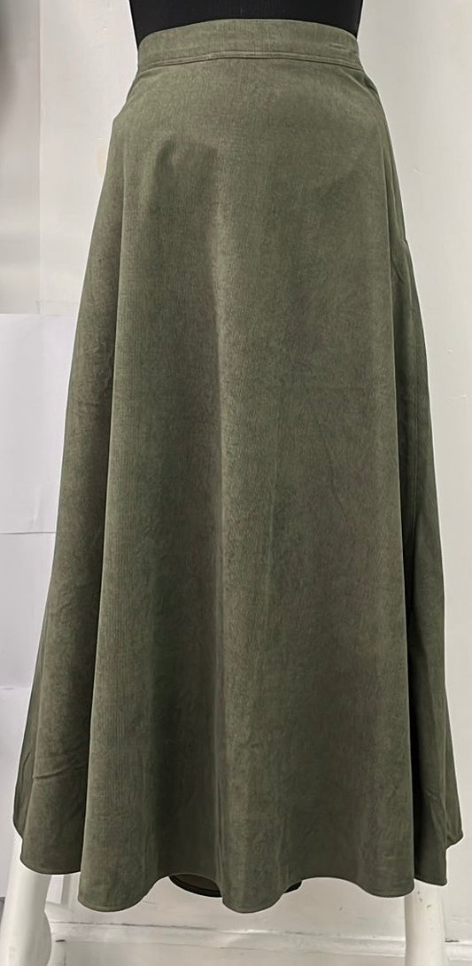 WEAR AND FLAIR CORDUROY FLAIRY SKIRT W SIDE BUTTON-MIDI OLIVE