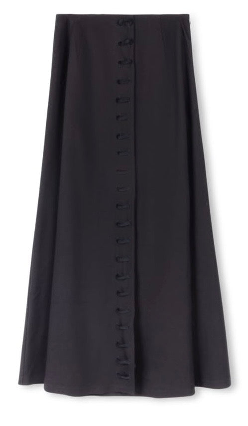 PORTRAIT A-LINE SKIRT W VELVET LACE DETAIL-MIDI BLACK