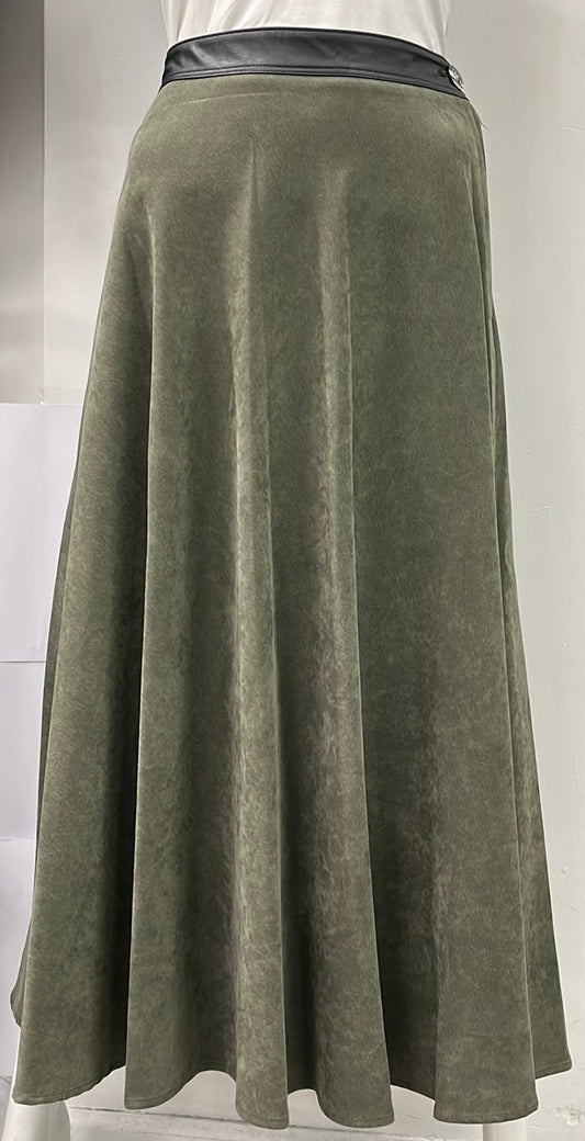 M & S CANADA FLAIRY TEXTURED SKIRT W LEATHER WAISTBAND-MIDI OLIVE