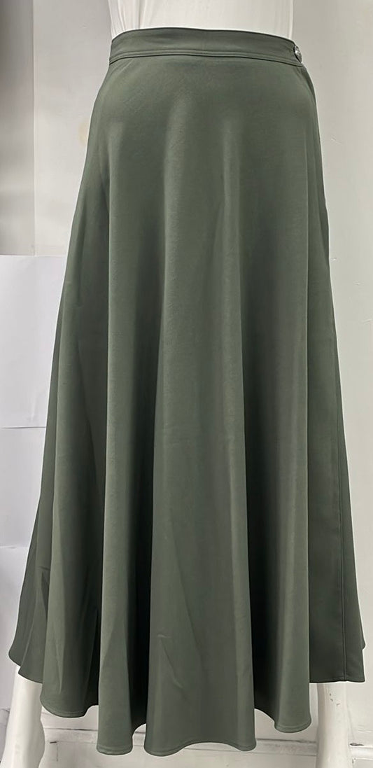 MAXMRKT FLAIRY SKIRT W SIDE BUTTON & ZIPPER-MIDI OLIVE