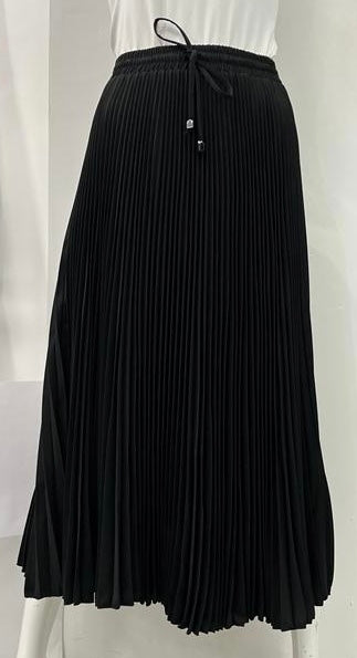 VIVA K ACCORDIAN PLEATED CREPE SKIRT W BELT-MIDI BLACK