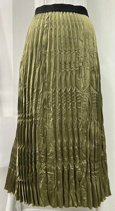 BELISSA CRINKLED PLEATED SATIN SKIRT-MIDI OLIVE GREEN