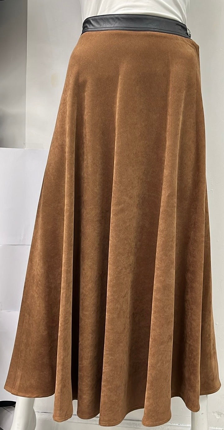 M & S CANADA FLAIRY TEXTURED SKIRT W LEATHER WAISTBAND-MIDI COFFEE