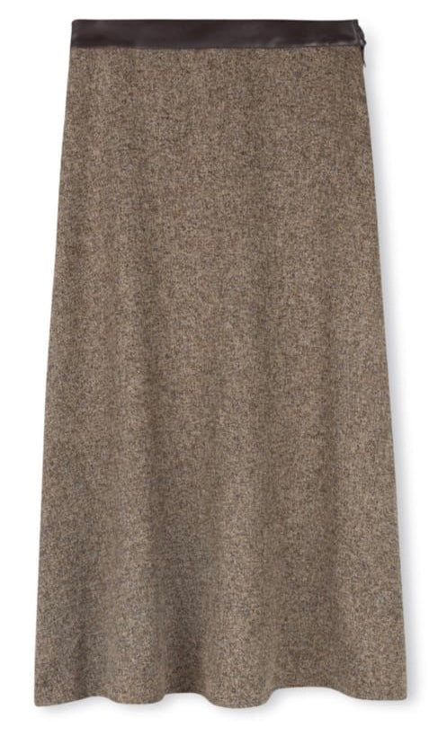 PORTRAIT TWEED WOOLY SKIRT W LEATHER WAISBAND-MIDI BROWN MULTI