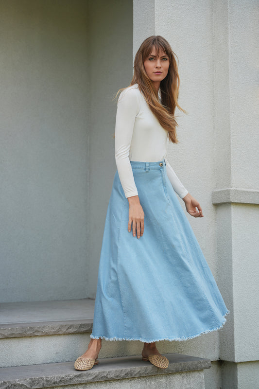 FAVES A-LINE FRINGE SKIRT-MIDI LIGHT DENIM