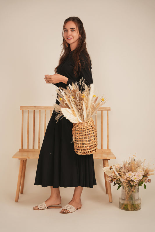 POSITIVE RIBBED PANELED SKIRT-MIDI BLACK