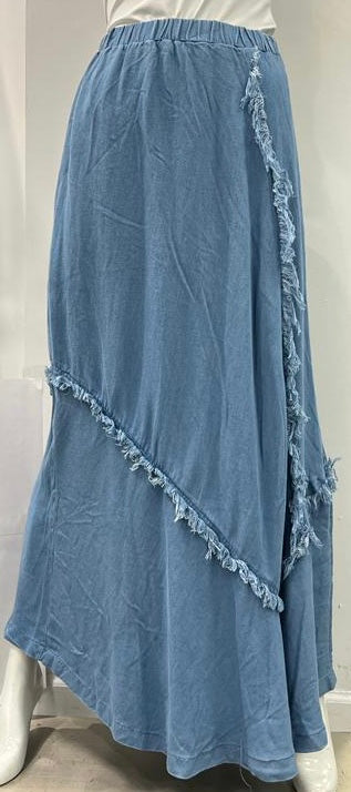 COCO ASYMMETRICAL FRINGE SKIRT-MAXI LIGHT DENIM