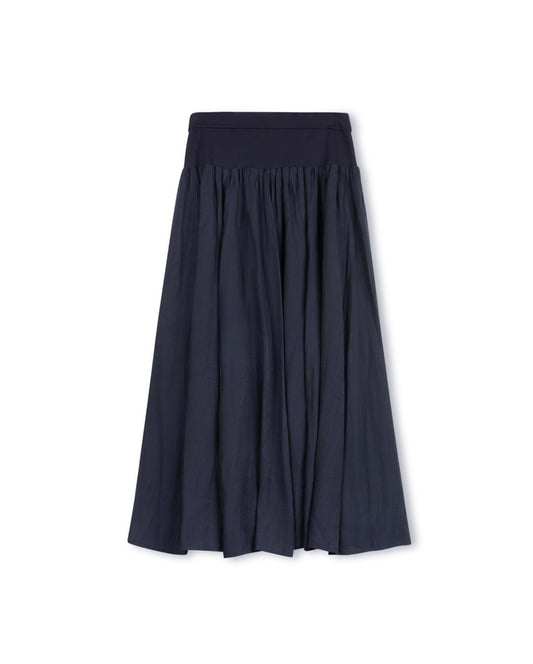 SLATE COTTON WAISTTED FLOWY SKIRT-MIDI NAVY