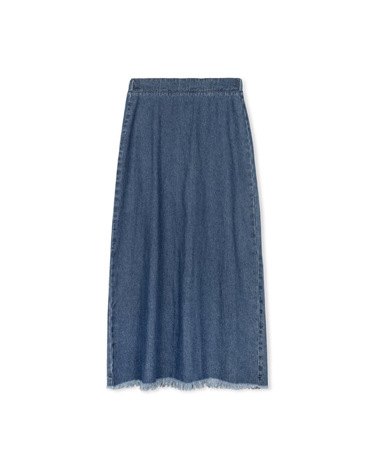 SLATE DENIM FRAYED HEM SKIRT NAVY DENIM