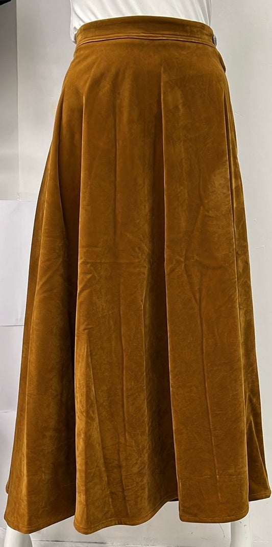 MAXMRKT FLAIRY VELVET SKIRT W SIDE BUTTON & ZIPPER-MIDI COGNAC