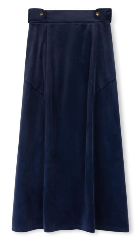 GEORGETTE VELVET STRAIGHT A-LINE SKIRT W 2 BUTTONS-MIDI NAVY