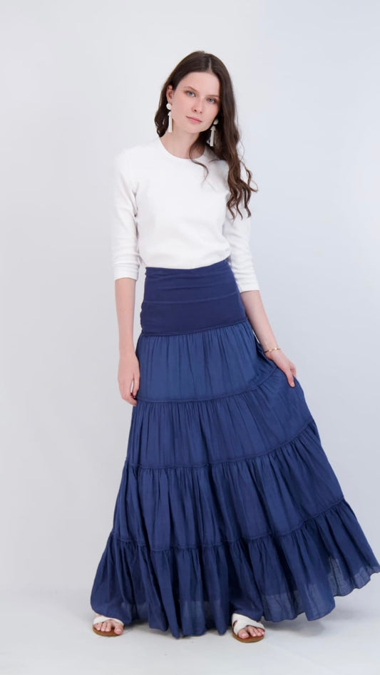 RED MYTH TIERED GAUZE SKIRT-MAXI BLUE