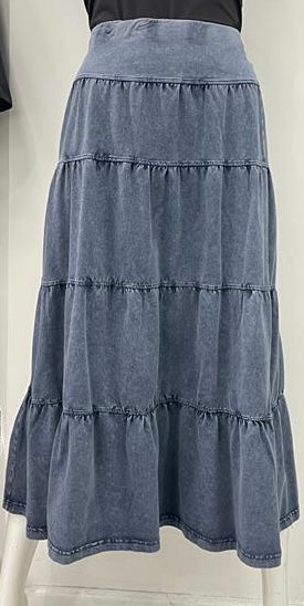 M & S CANADA TYE DYE TIER SKIRT-MIDI DARK DENIM WASH