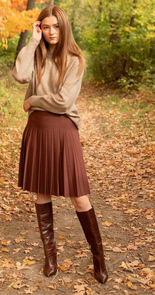 APPARALEL PLEATED KNIT SKIRT 25" CARAMEL